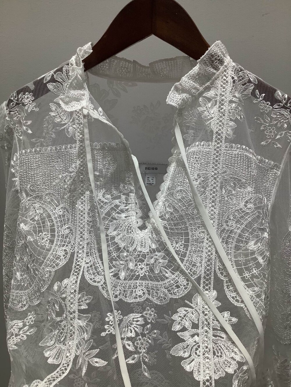 Reiss Demi Sheer Lace Tie-Neck Blouse in Ivory - Picture 12 of 16